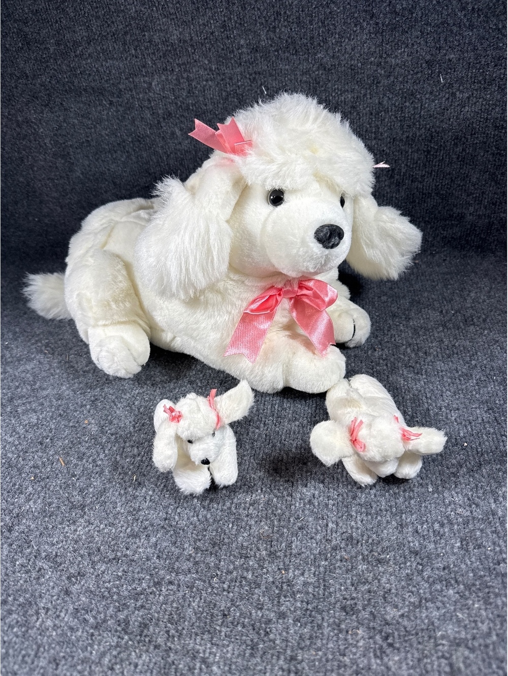 Dan Dee White Poodle Dog Plush Mom With 2 Puppies Pink Bows Stuffed Animal